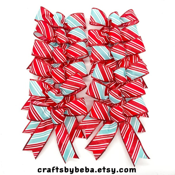 Christmas Whimsical Tree Bows / Set 12 Bows / Peppermint Red and Teal Christmas Bows / Whimsical Christmas Bows