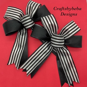Striped Black and White Christmas Tree Bows - Set of 6