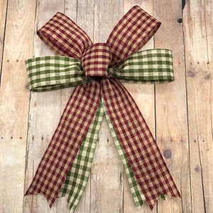 Vintage Plaid Christmas Bows - Red Burgundy Green Homespun - Set of 6