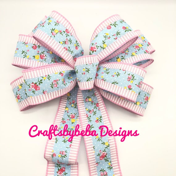 Summer Wreath Bow / Blue and Pink Decorative Bow / Floral Blue - Etsy