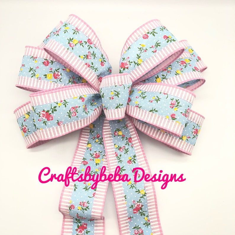 Summer Wreath Bow / Blue and Pink Decorative Bow / Floral Blue - Etsy