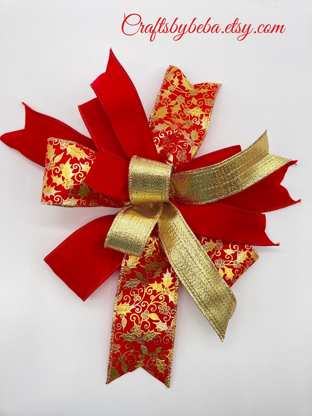 Christmas Decorative Bows / Christmas Red and Gold Lantern Bow / Xmas