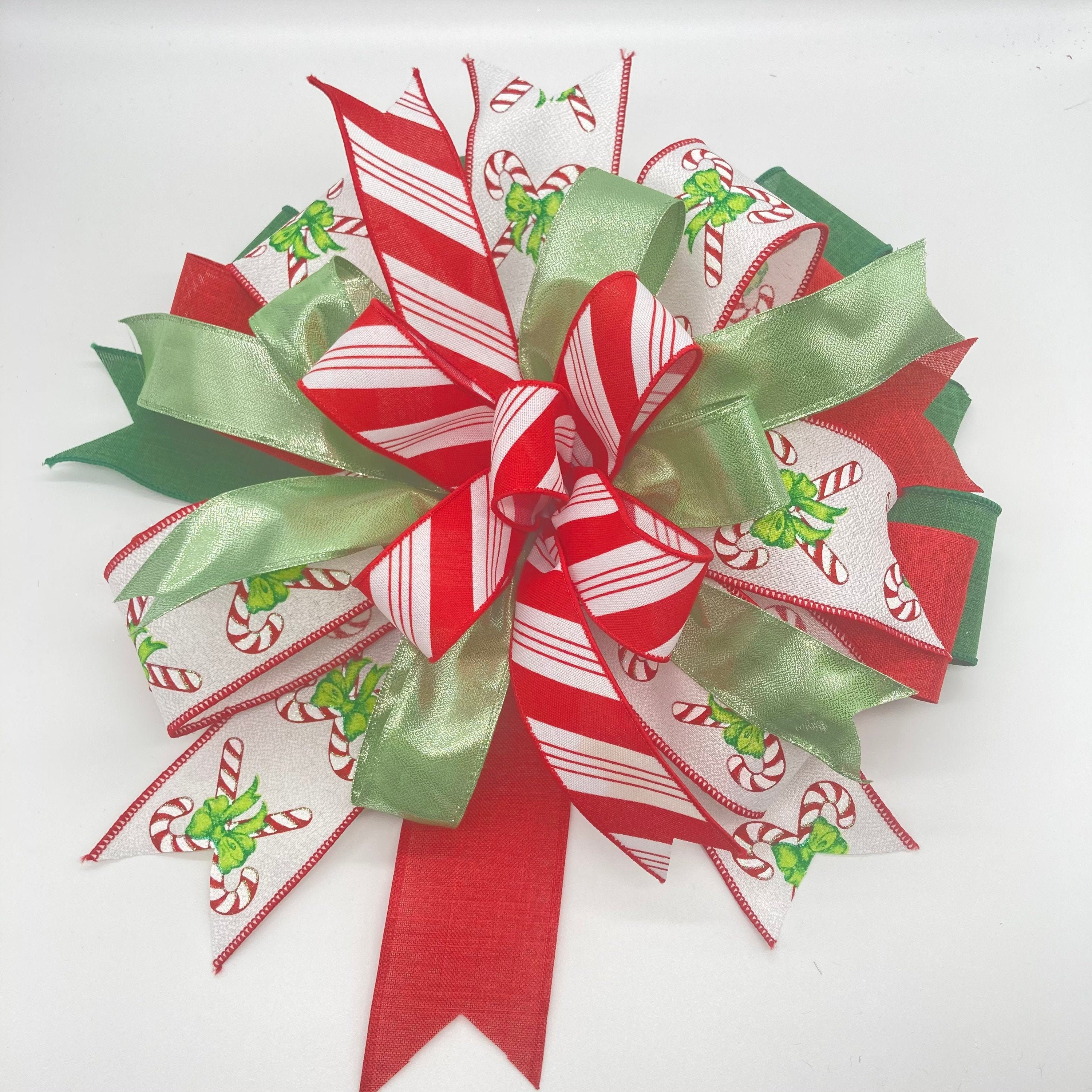Christmas Candy Canes Tree Topper-Featuring A Red and Green Peppermint Candy Style Bow with Streamers and Lollipop Trim The Holiday Aisle