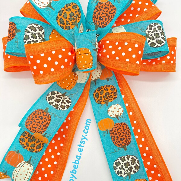 Harvest Wreath Bow / Cheetah Decorative Bow / Leopard Orange PolkaDots Bow / Cheetah Fall Ice Blue Bow /Orange and Teal Pumpkin  Harvest Bow