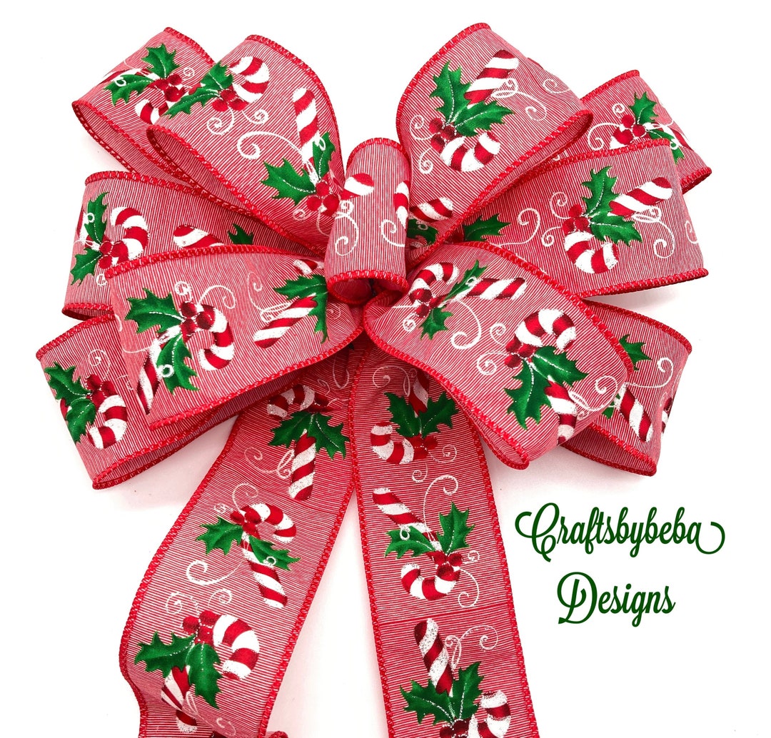 Candy Cane Christmas Wreath Bow / Red and White Candy Cane Xmas Decorative Bow / Red and White