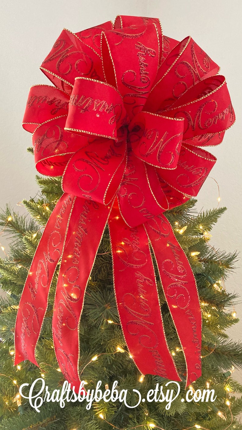 Christmas Tree Topper / Merry Christmas Bow / Red Christmas Decorative