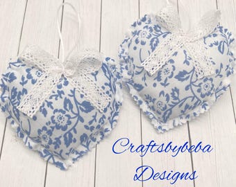 Toile Fabric Hanging Heart Ornaments Handmade Blue Floral Christmas Decor Set 2