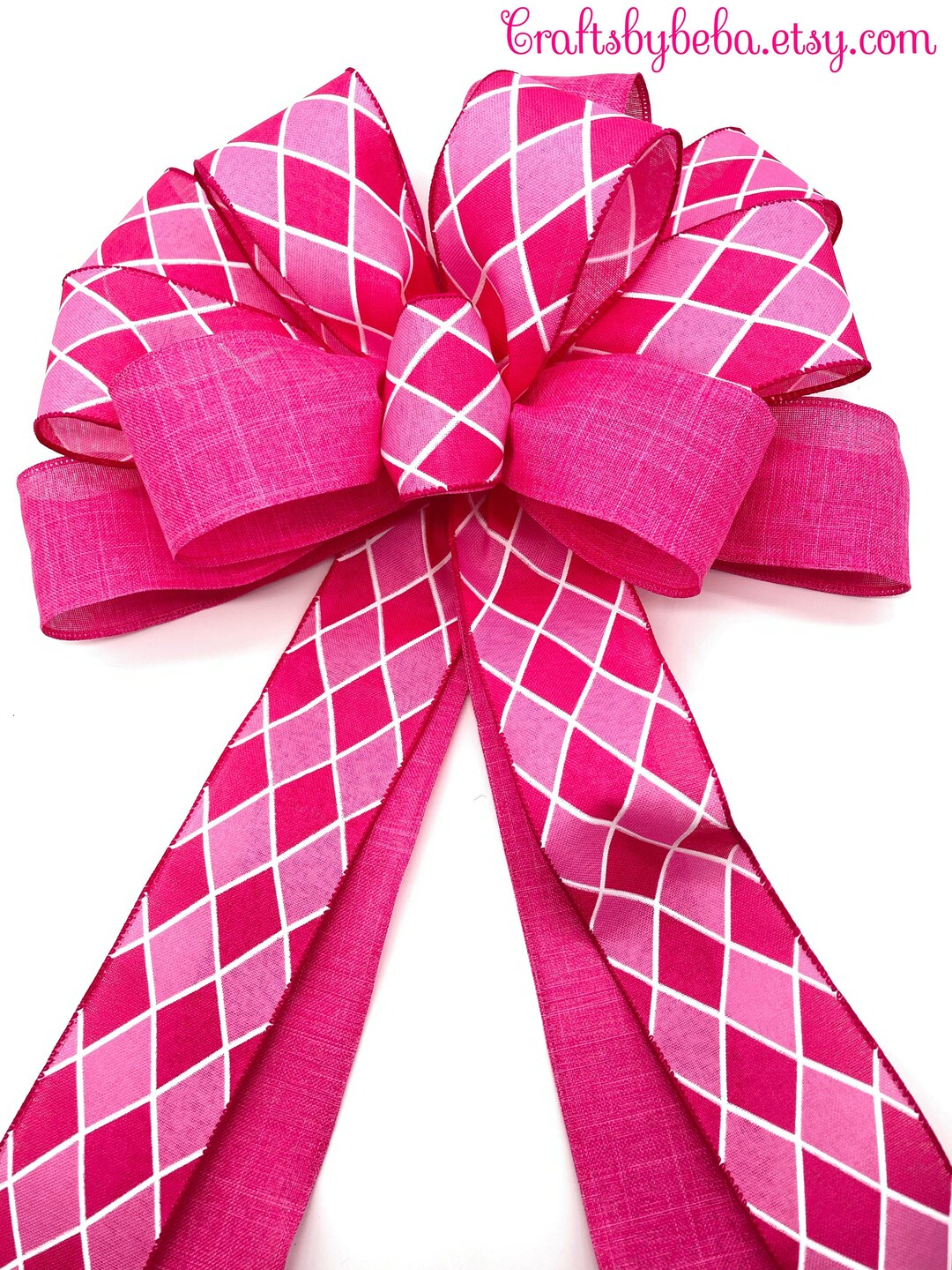 Pink Wreath Bow / Christmas Pink Tree Topper / Pink Diamond Print Decorative Bow / Fuchsia and