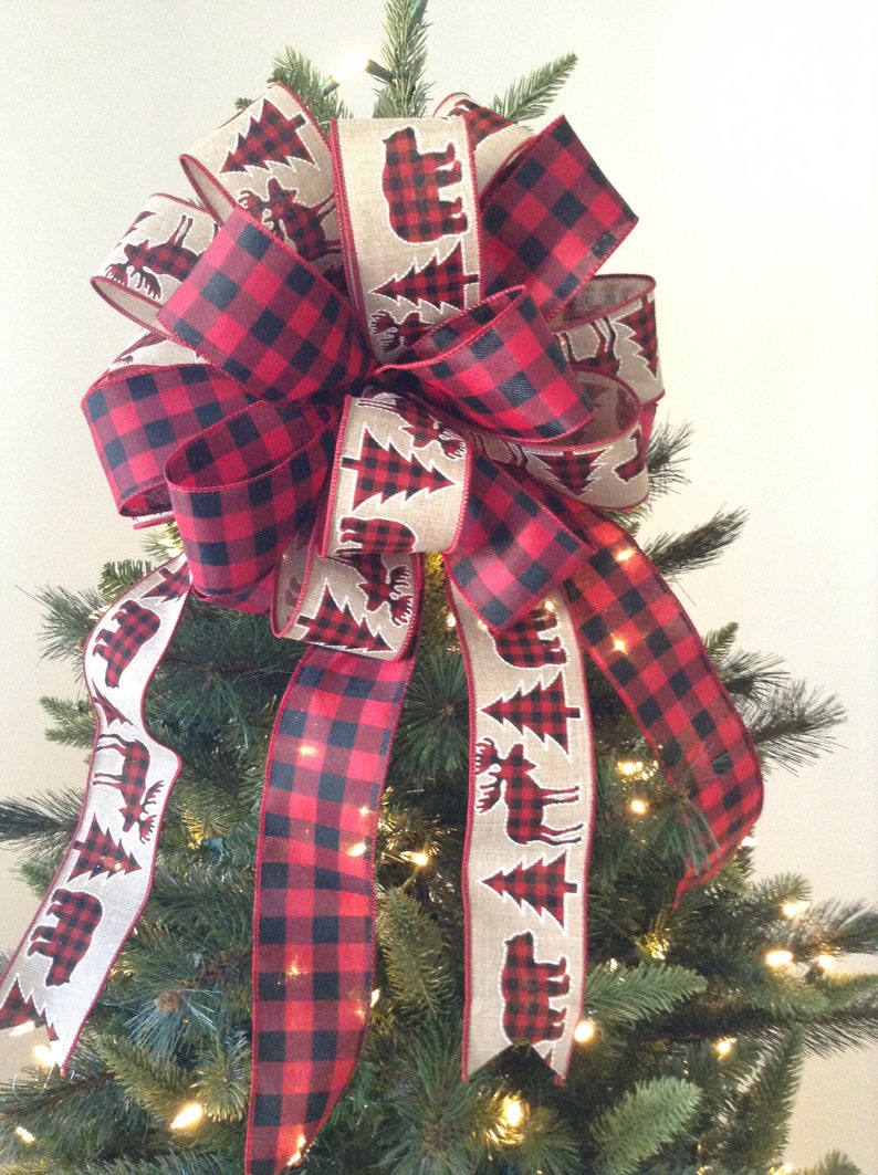 Christmas Tree Topper / Xmas Decorative Bow / Buffalo Xmas Tree Topper / Plaid Buffalo Red and Black Christmas Bow / Mix Wired Ribbon image 8