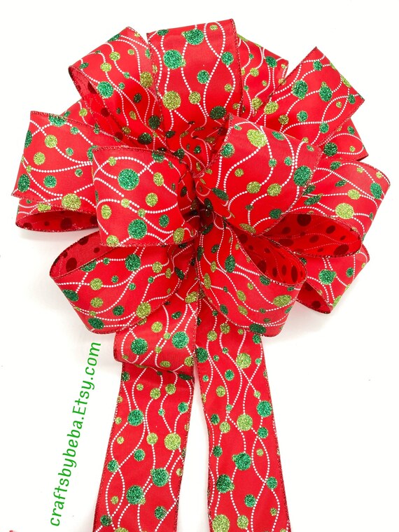 Red and Green Polka Dot Christmas Tree Topper Bow