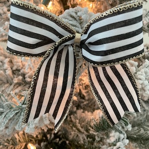 Black and White Striped Christmas Bows: Handmade Tree Ornaments, Set of 8
