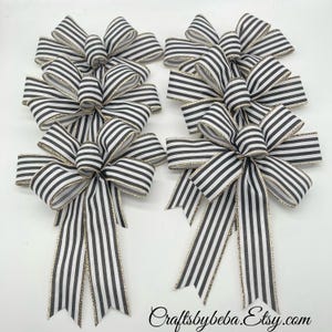 Striped Christmas Tree Bows: Black, White & Gold Wired Ribbon - Set of 6