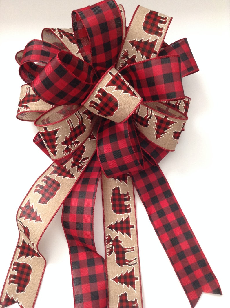 Christmas Tree Topper / Xmas Decorative Bow / Buffalo Xmas Tree Topper / Plaid Buffalo Red and Black Christmas Bow / Mix Wired Ribbon image 9