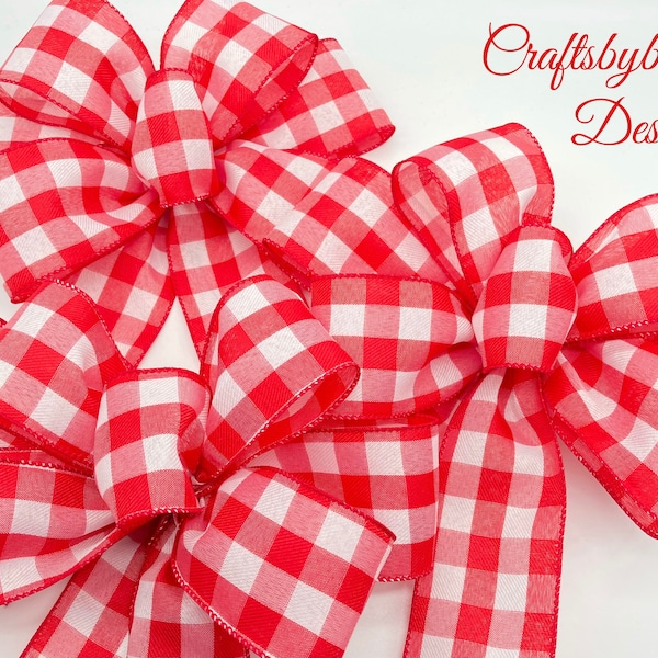 Plaid Red and White Bows / Red and White Check Decorative Bows / Set 3 Bows / Christmas Decorative Bows / Christmas Red and White Decor Bows