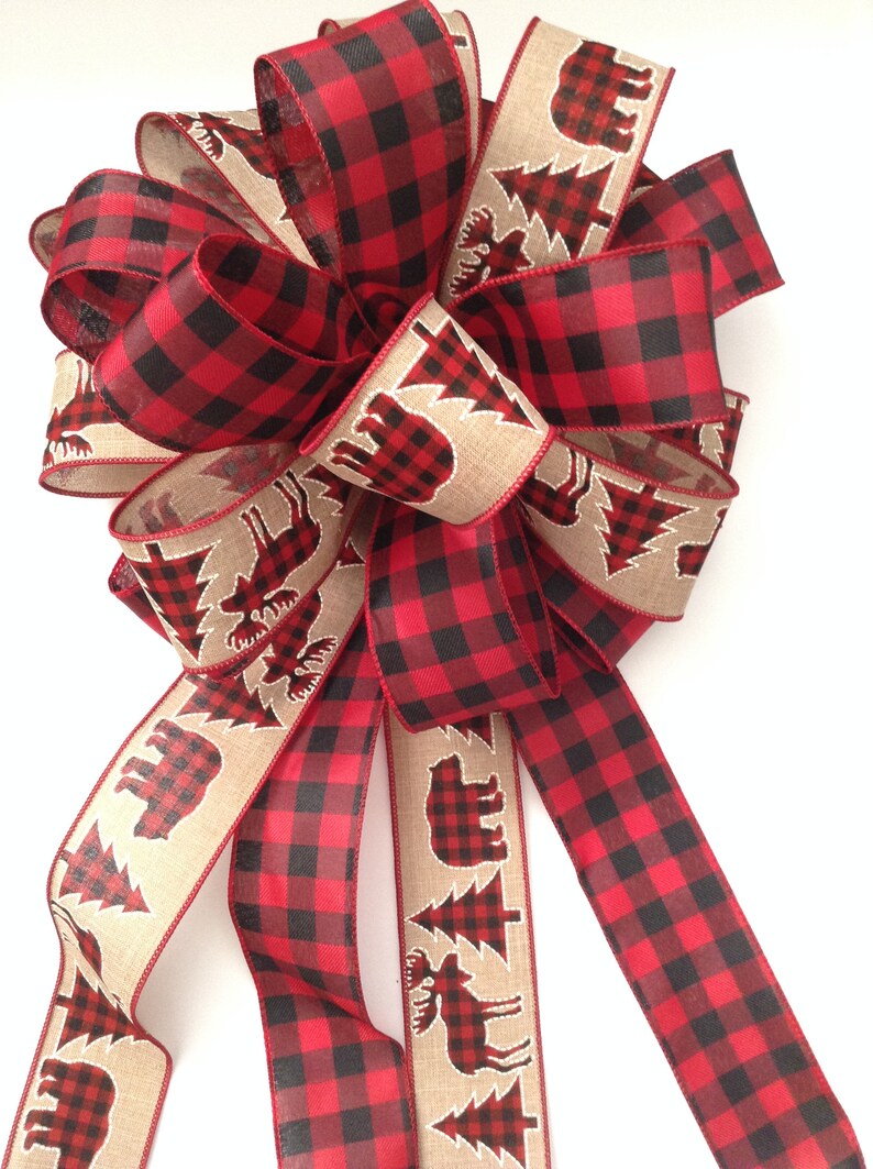 Christmas Tree Topper / Xmas Decorative Bow / Buffalo Xmas Tree Topper / Plaid Buffalo Red and Black Christmas Bow / Mix Wired Ribbon image 5