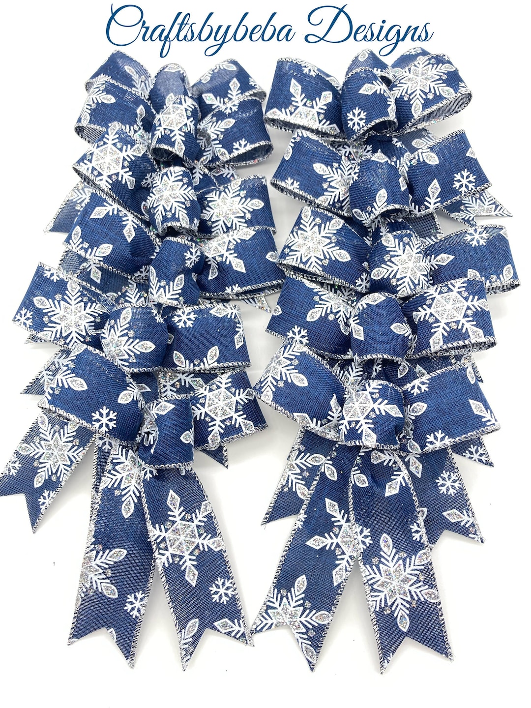 Snowflakes Navy Blue Decorative Bows / Set 12 Bows / Navy Blue Christmas Tree Bows / White