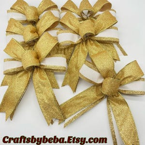 Gold and Cream Christmas Tree Bows  Christmas Gold and Beige Decorative Bows Gold Small Christmas Bows Christmas Shimmery Bows Decoration