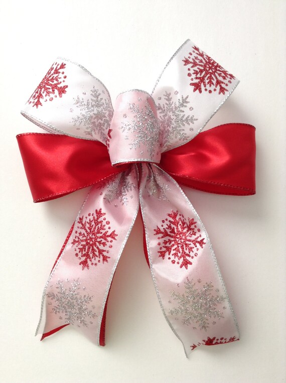 Christmas Wreath Bows - Wired Red & White Snowflake Christmas Bow 6
