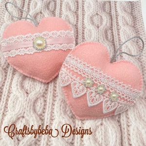 Pink Felt Christmas Ornaments: Handmade Lace Rhinestone Hearts - Set of 2
