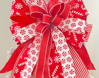 Red White Christmas Peppermint Tree Topper : Handmade Decor Bow