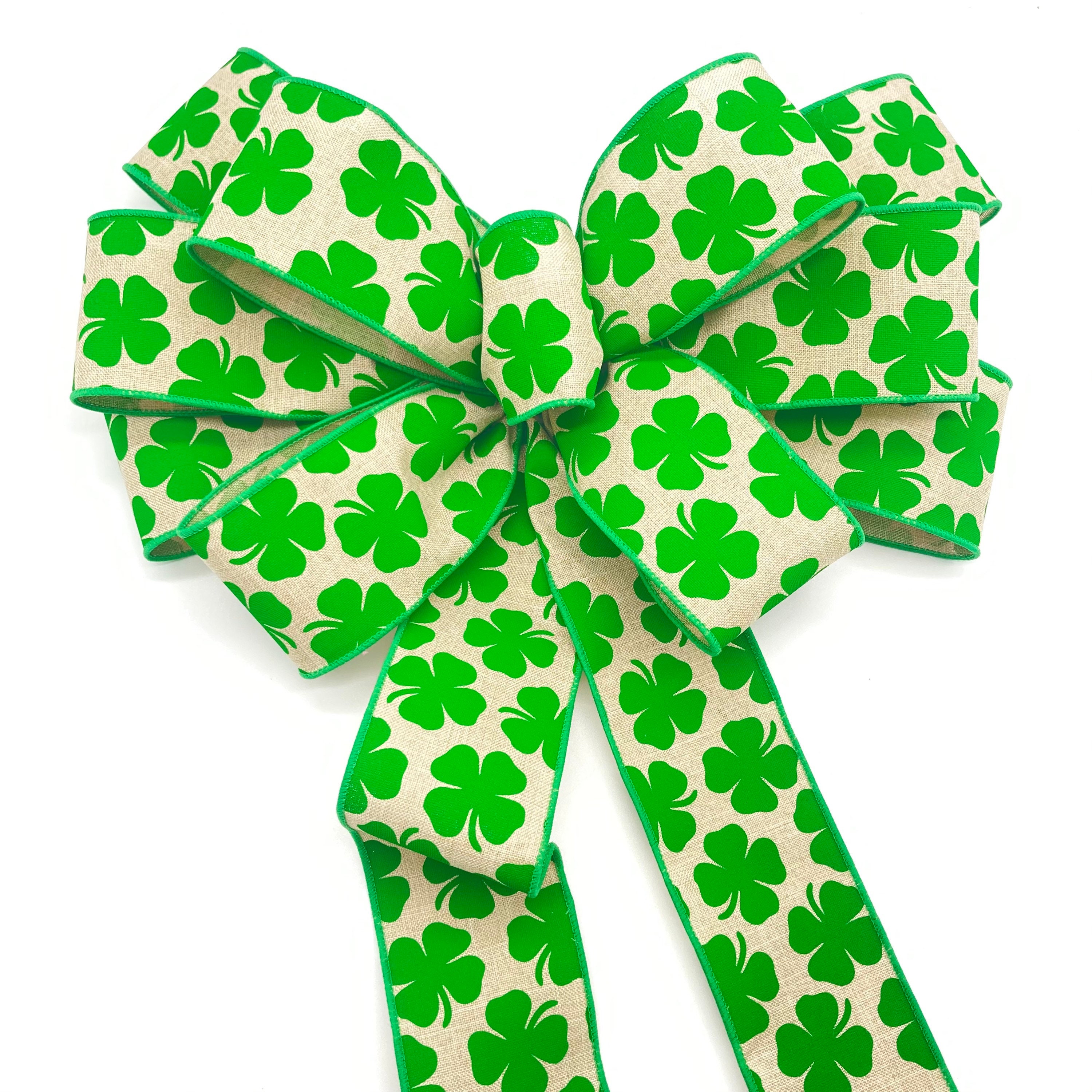 St. Patrick's Day Clover Wreath Bow: Green Burlap Wired Ribbon