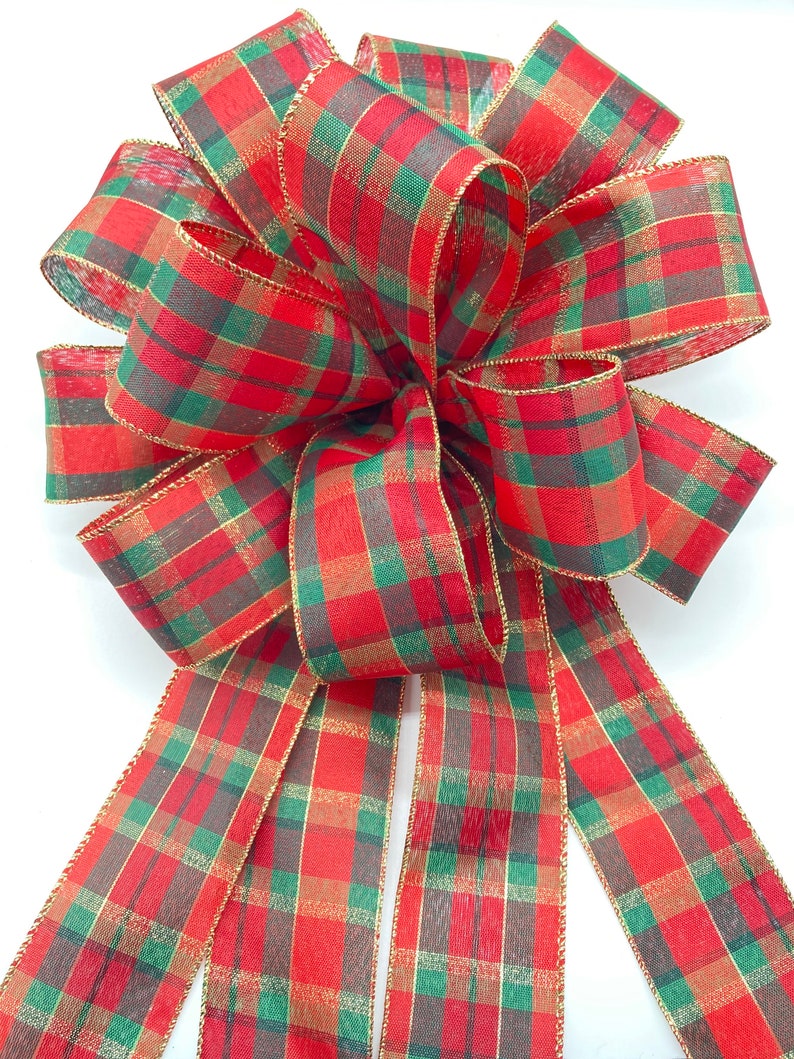Christmas Plaid Tree Topper: Red Green Tartan Wired Ribbon Bow - Etsy