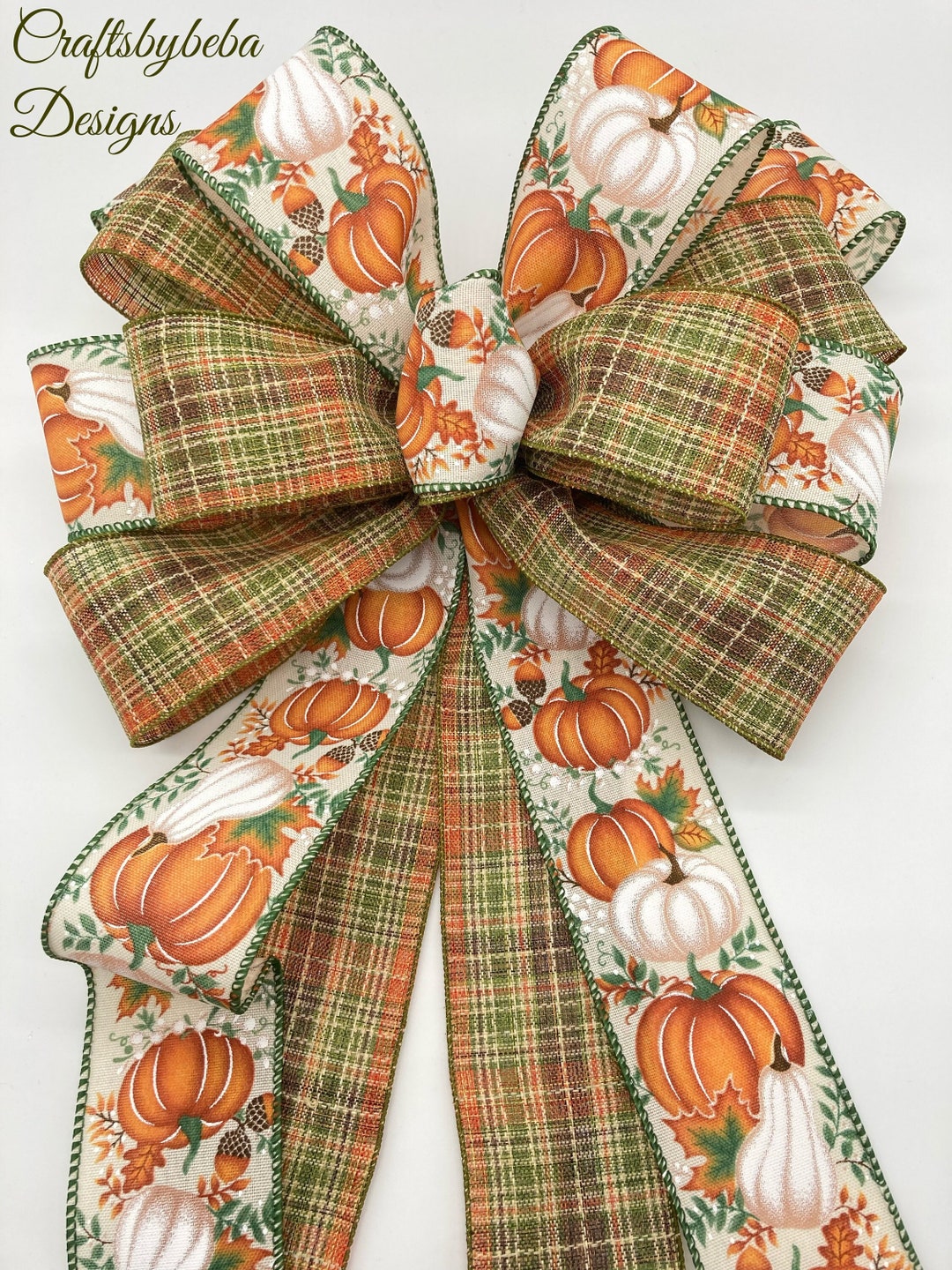 Harvest Wreath Bow / Fall Decorative Bow / Autumn Orange and Green Moss ...