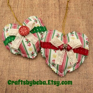 Homespun Fabric Christmas Ornaments: Vintage Heart Decorations, Set of 2