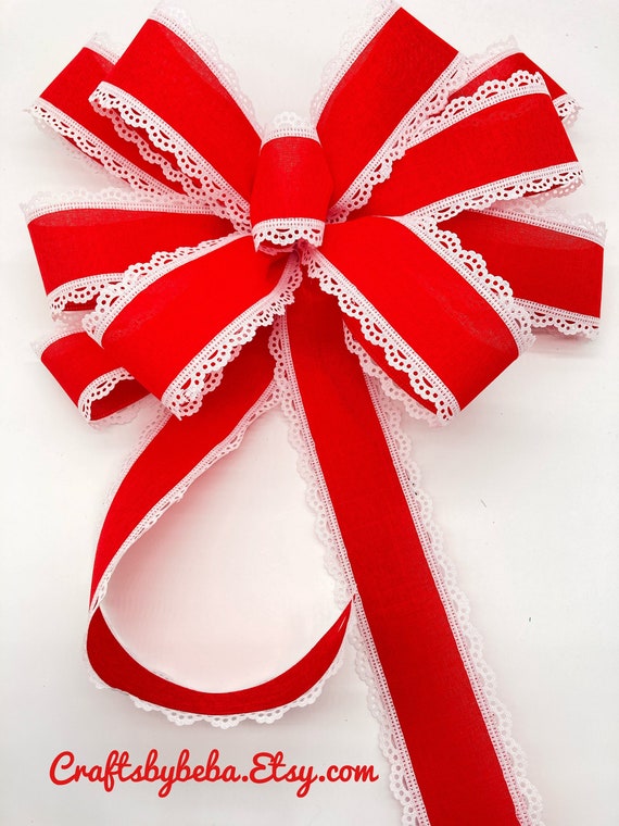 Handmade Christmas Bow: Red & White Lace Trim, Wired Ribbon - Etsy