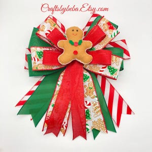 Gingerbread Christmas Tree Topper Bow: Red, Green, White Wired Ribbon