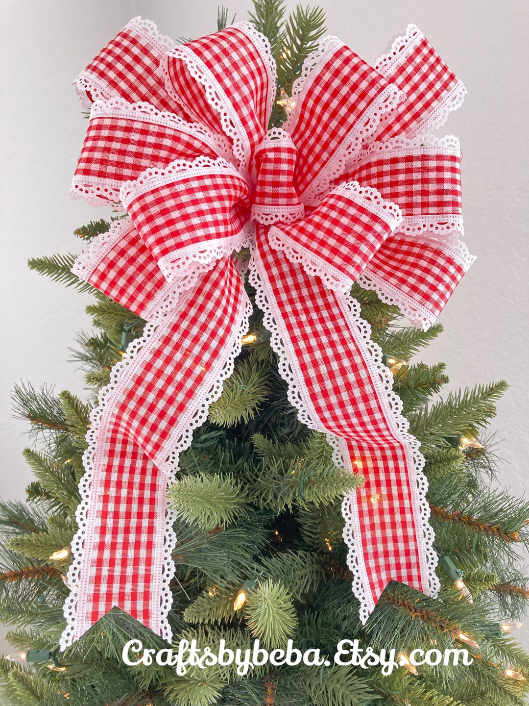 Christmas Red and White Wreath Bow / Christmas Tree Topper / Christmas Gingham Red and White Bow
