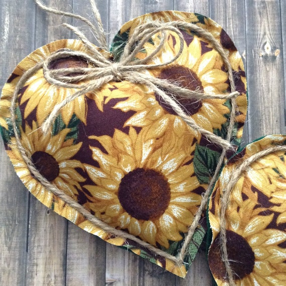 Sunflower Hanging Hearts / Rustic Sunflowers Hearts / Set of 2 Etsy