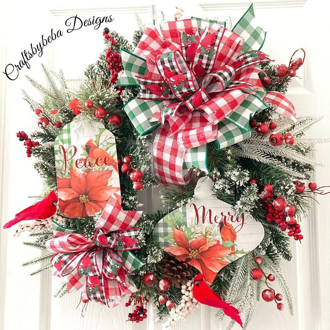 Cardinal Christmas Wreath / Christmas Flocked Cardinal Door - Etsy
