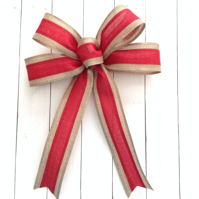 Red And Burlap Christmas Bows Christmas Tree Bows Set Of 8 Etsy