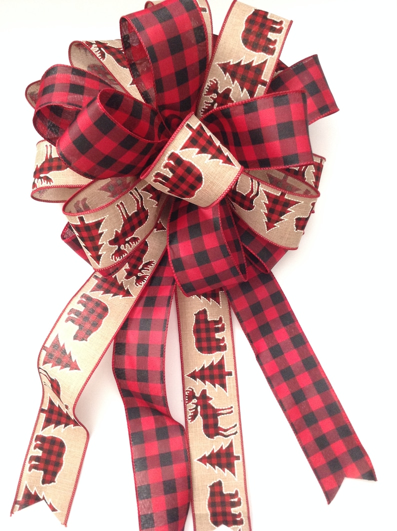 Christmas Tree Topper / Xmas Decorative Bow / Buffalo Xmas Tree Topper / Plaid Buffalo Red and Black Christmas Bow / Mix Wired Ribbon image 2