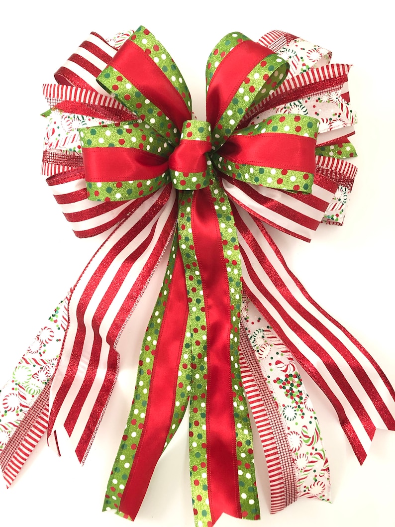 10/" WIDE CANDY CANE CHRISTMAS BOW~DECORATION FOR WREATHS TREE TOPPER GIFTS DECOR
