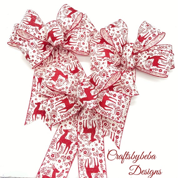 Reindeer Christmas Bows - Red Burgundy Wired Ribbon - Set of 3