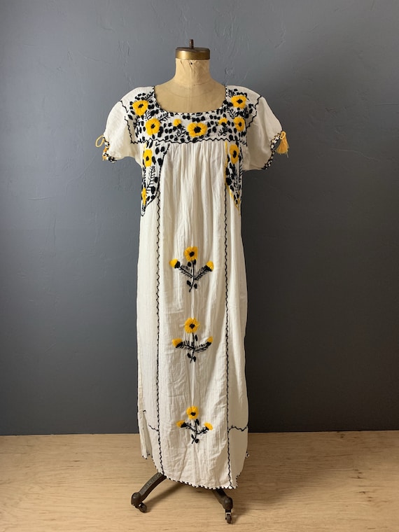 Yellow flowers mexican embroidered dress