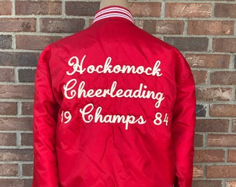 VINTAGE MICHIGAN 1984 Milford Trojans High School Embroidered Hockomock Cheerleading Champions Satin Bomber Jacket Size S/M