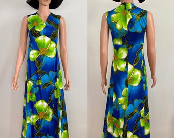 60’s/70’s Pe’Do’Ras Blue Green Tropical Floral Barkcloth Hawaiian Maxi Dress Size S/M