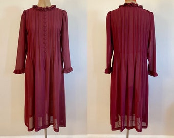 70’s/80’s Sheer Maroon Burgundy Wine Pleated Ruffled Dress Size S/M/L