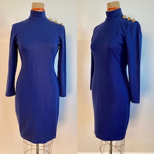 Vintage 90&#39;s Todo eso Jazz Navy azul cuerpo con cuello alto mini vestido con botón de oro detalle tamaño M