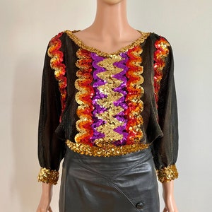 80’s Disco Rainbow Sequins Sheer Metallic Blouse Size S