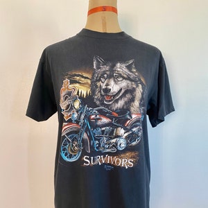 Camiseta vintage de motociclista Harley-Davidson Survivors con emblema 3D de lobo, 50/50, unisex, talla M/L, 1991