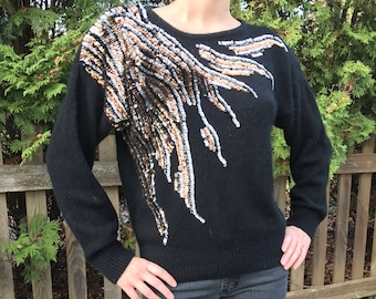 Beautiful 80's/90's Soft Silk Blend Holiday Occasion Pullover Sweater with Metallic Sequins and Padded Shoulders Size M