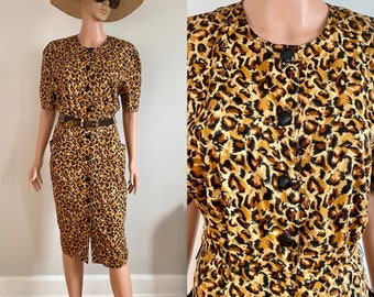 80’s/90’s TC Petites Cotton Leopard Animal Print Safari Dress Size M