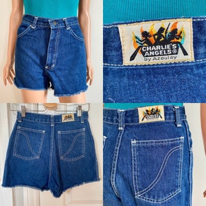 Zeldzame jaren 1970 CHARLIE&#39;S ANGELS door Azoulay High Waisted Raw Edge Denim Cutoff Shorts Maat XS / S