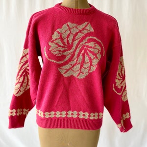 80’s LE ROUGE Hot Pink and Gold Metallic Floral Design Lurex Sweater Size M