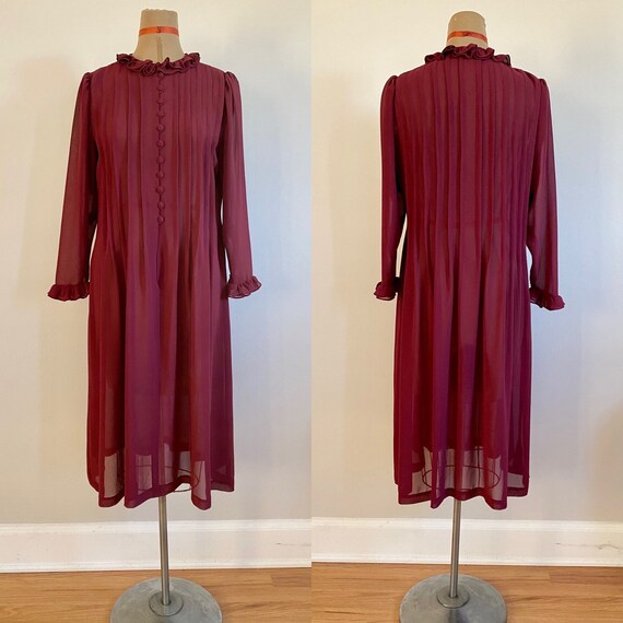 70’s/80’s Sheer Maroon Burgundy Wine Pleated Ruff… - image 1