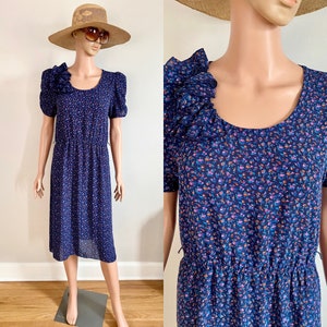 80’s Charlee Allison Semi-Sheer Navy Blue Boho Bohemian Floral Midi Dress Size S